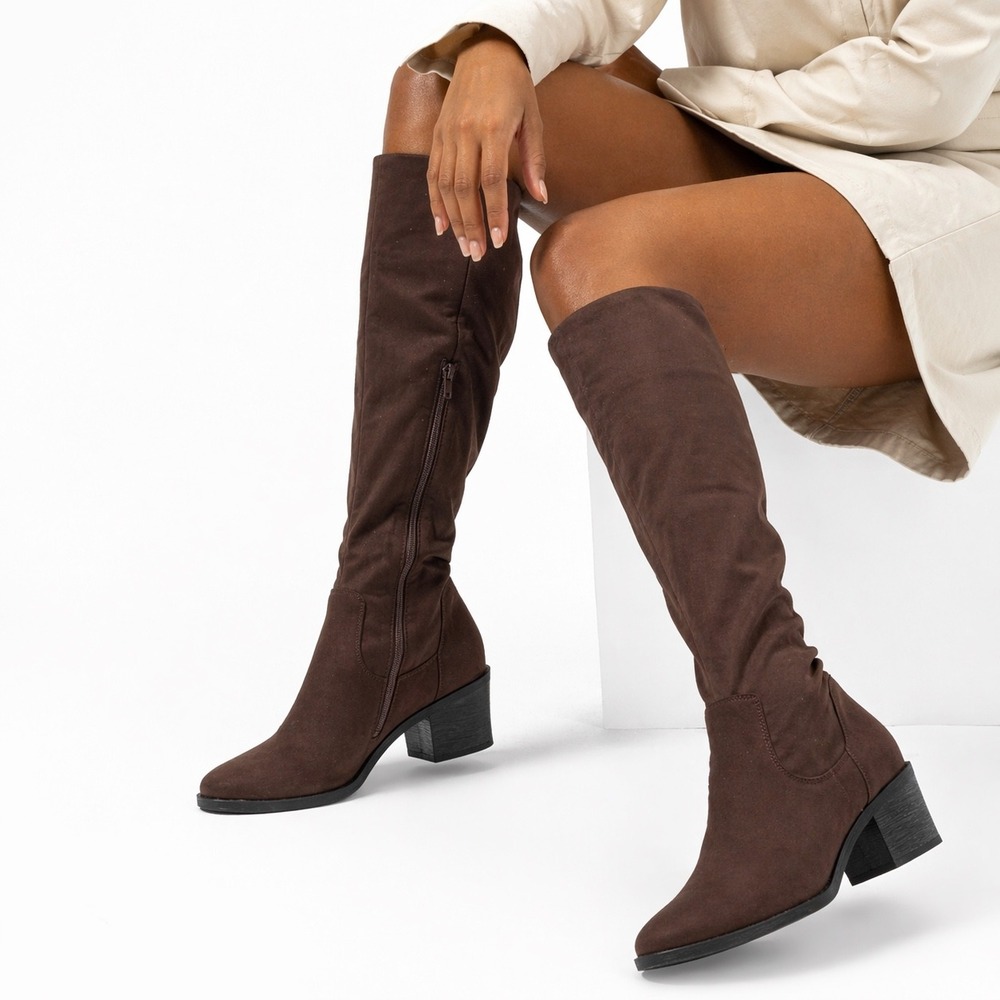 Kenneth Cole Women Stanford Tall‎ Boots Brown Size 7 Suede Stretch Minimalist